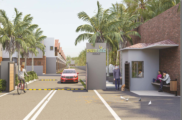 Entrance view of Green Nest gated villa community with premium 3BHK bungalows in Katargam — budget-friendly and ready-to-move villas in green surroundings.